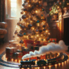 christmas train set around tree