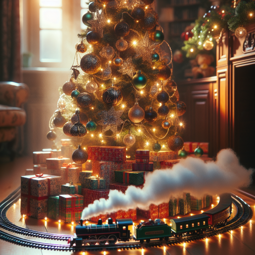 christmas train set around tree