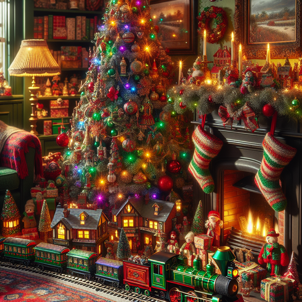 christmas train set around tree