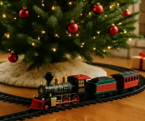 christmas tree train set around the tree